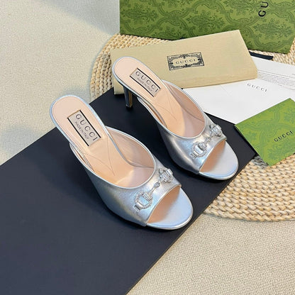 GUCCI Women's Horsebit mid-heel slide sandal in Silver