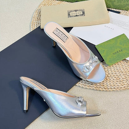 GUCCI Women's Horsebit mid-heel slide sandal in Silver