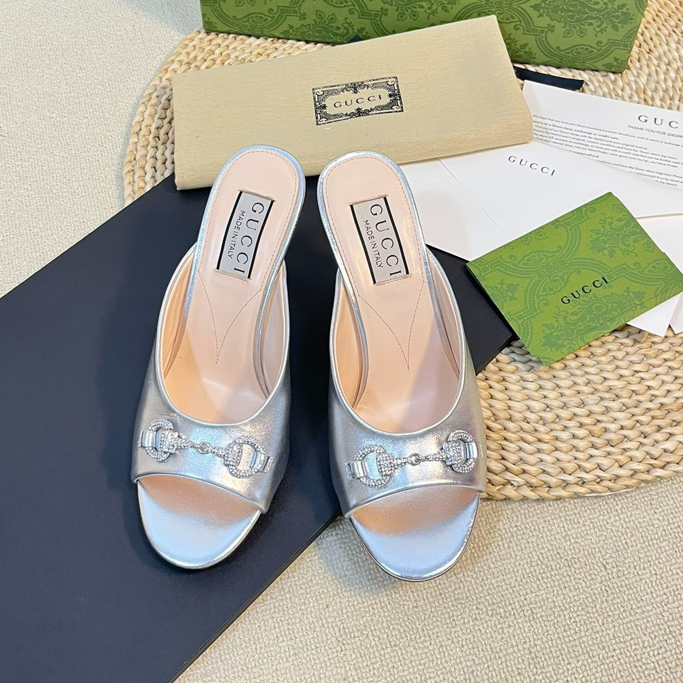 GUCCI Women's Horsebit mid-heel slide sandal in Silver