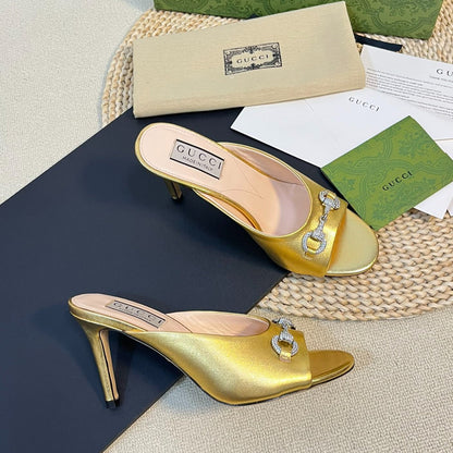GUCCI Women's Horsebit mid-heel slide sandal in Gold