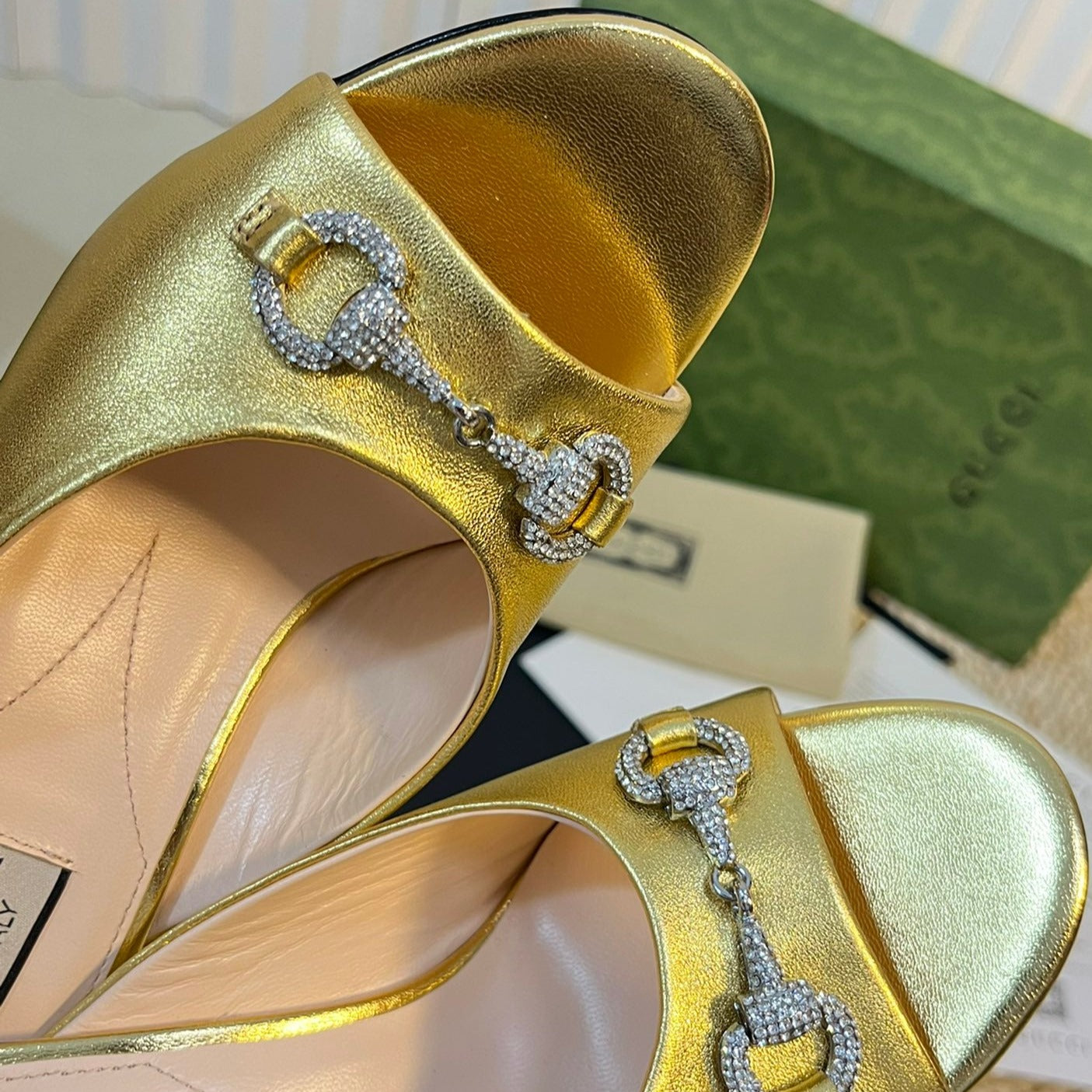 GUCCI Women's Horsebit mid-heel slide sandal in Gold