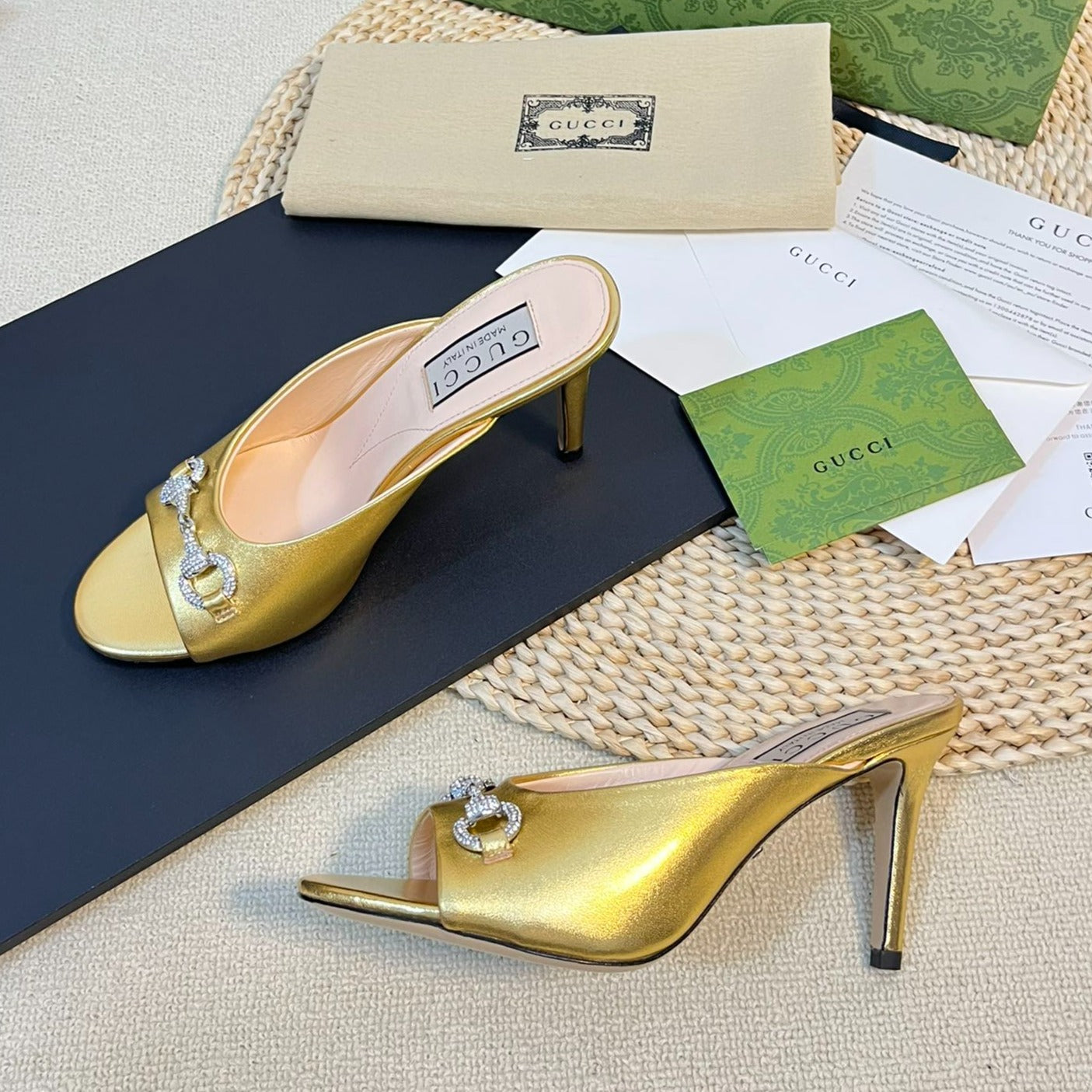 GUCCI Women's Horsebit mid-heel slide sandal in Gold