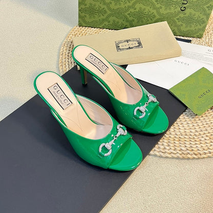 GUCCI Women's Horsebit mid-heel slide sandal in glossy Jade Green