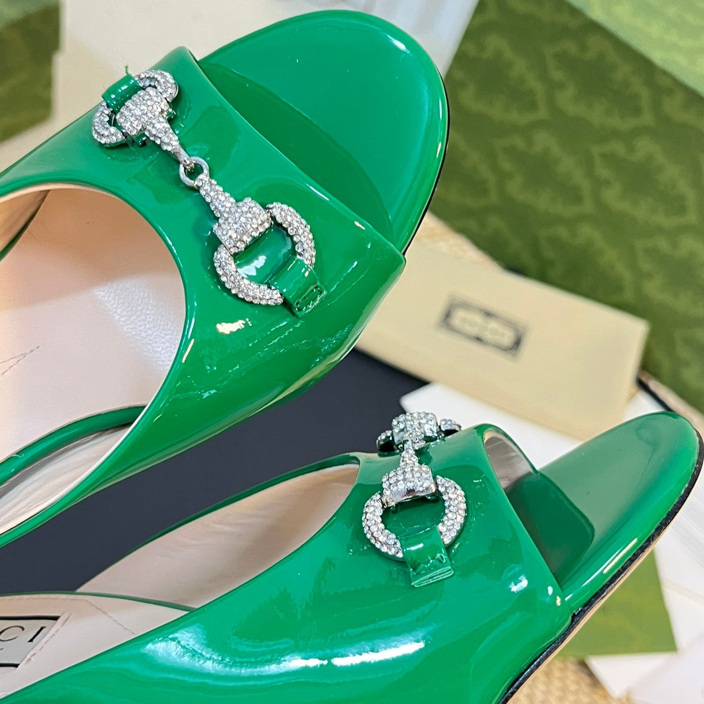 GUCCI Women's Horsebit mid-heel slide sandal in glossy Jade Green