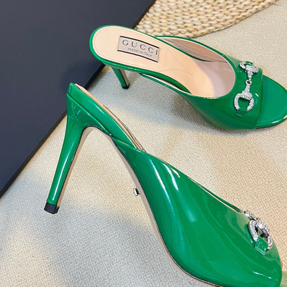 GUCCI Women's Horsebit mid-heel slide sandal in glossy Jade Green