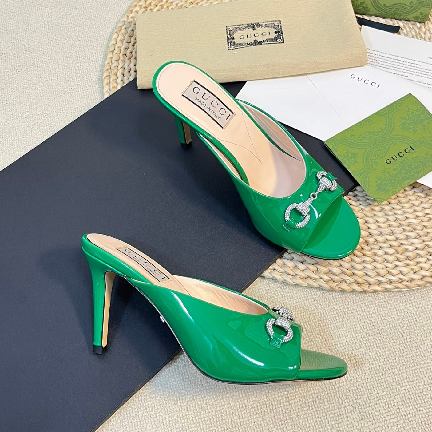 GUCCI Women's Horsebit mid-heel slide sandal in glossy Jade Green