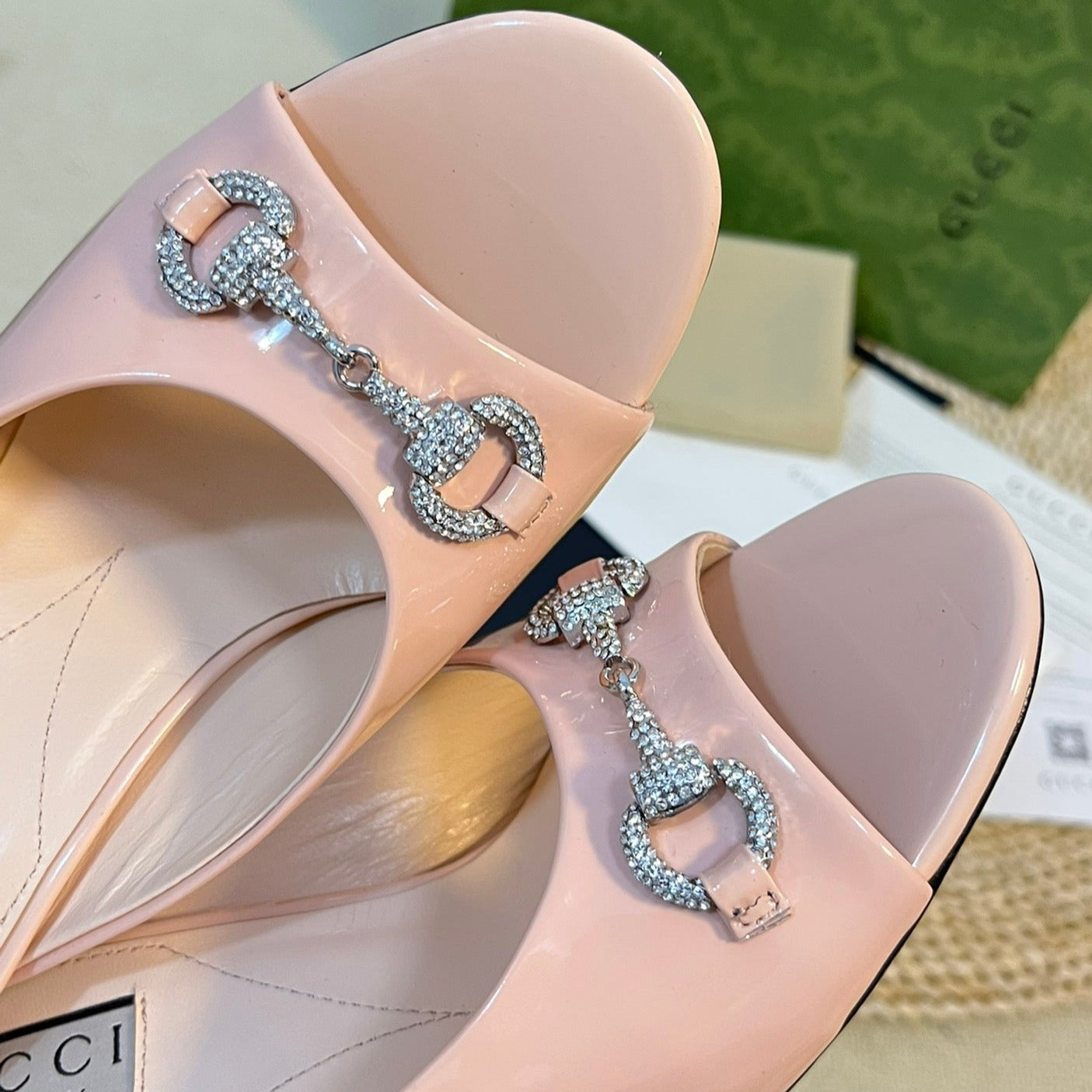 GUCCI Women's Horsebit mid-heel slide sandal in glossy Rose Pink