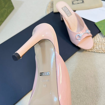 GUCCI Women's Horsebit mid-heel slide sandal in glossy Rose Pink