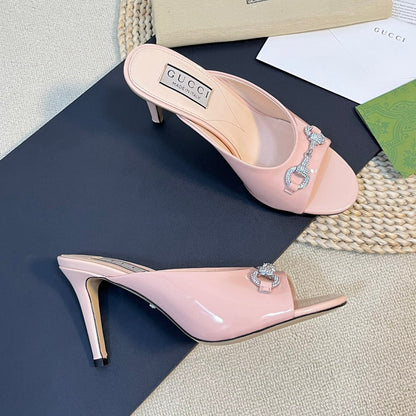 GUCCI Women's Horsebit mid-heel slide sandal in glossy Rose Pink