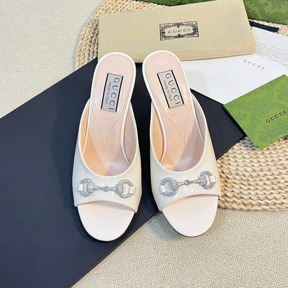 GUCCI Women's Horsebit mid-heel slide sandal in glossy White leather