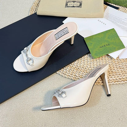GUCCI Women's Horsebit mid-heel slide sandal in glossy White leather