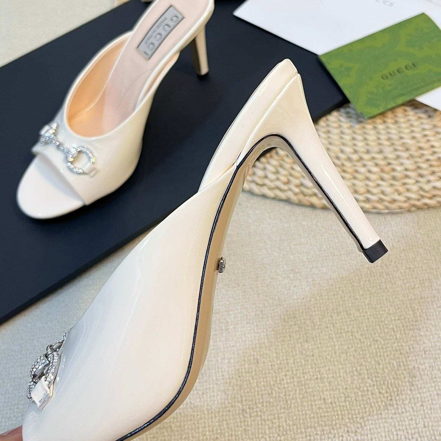 GUCCI Women's Horsebit mid-heel slide sandal in glossy White leather