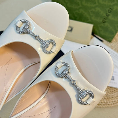 GUCCI Women's Horsebit mid-heel slide sandal in glossy White leather