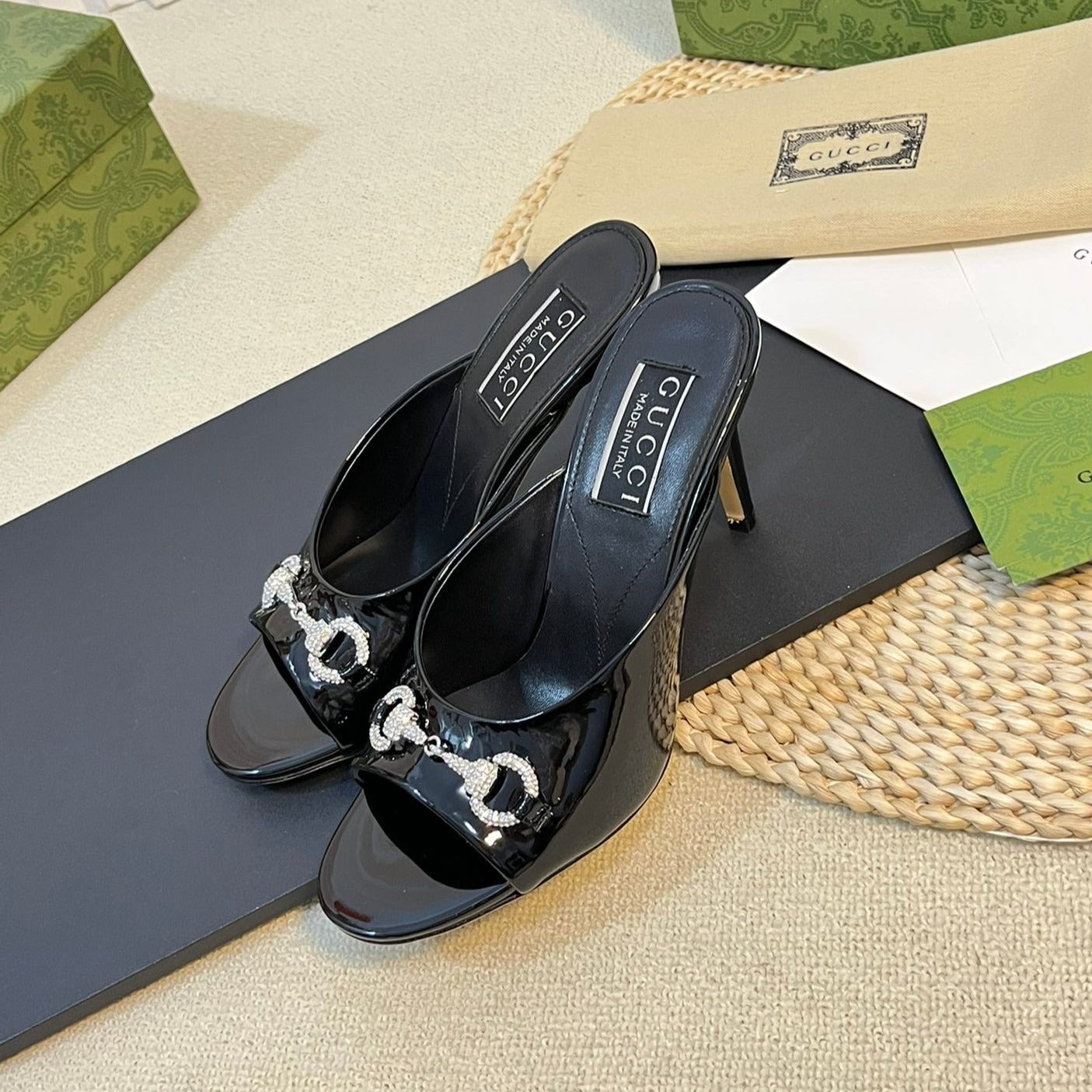 GUCCI Women's Horsebit mid-heel slide sandal in glossy black leather