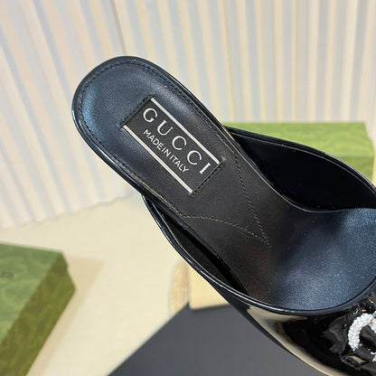 GUCCI Women's Horsebit mid-heel slide sandal in glossy black leather