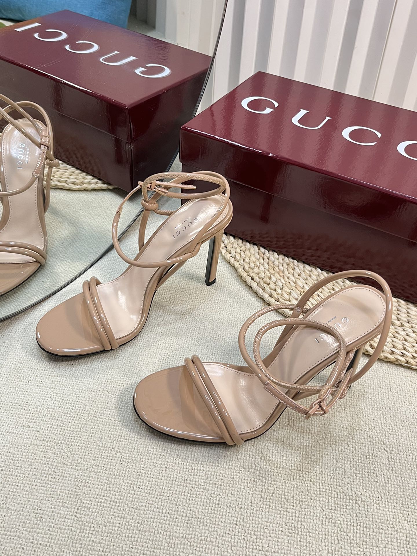 GUCCI HIGH SANDAL 10 CM IN TAN BEIGE GLOSSY CALFSKIN