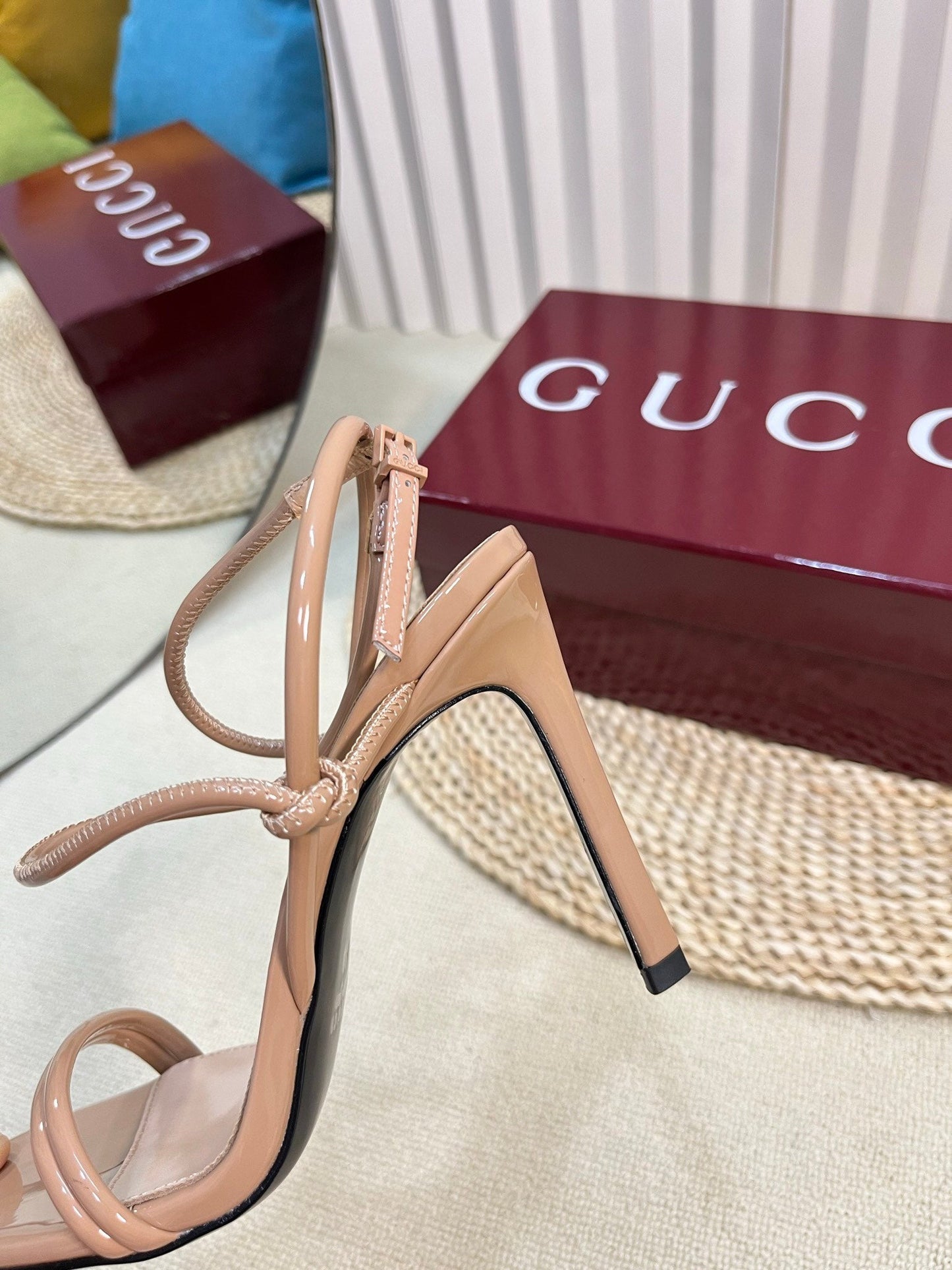 GUCCI HIGH SANDAL 10 CM IN TAN BEIGE GLOSSY CALFSKIN