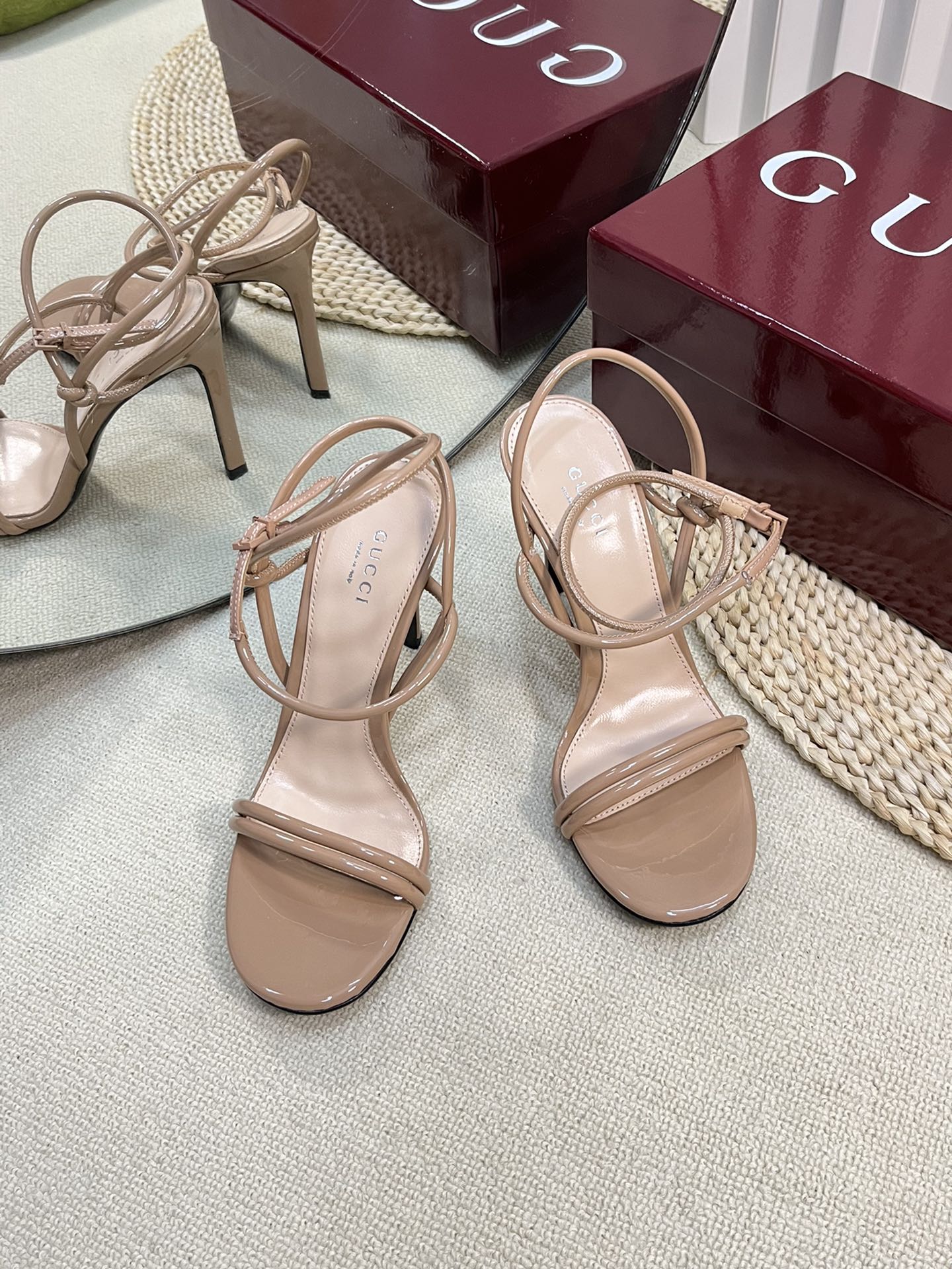GUCCI HIGH SANDAL 10 CM IN TAN BEIGE GLOSSY CALFSKIN