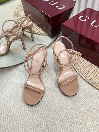 GUCCI HIGH SANDAL 10 CM IN TAN BEIGE GLOSSY CALFSKIN