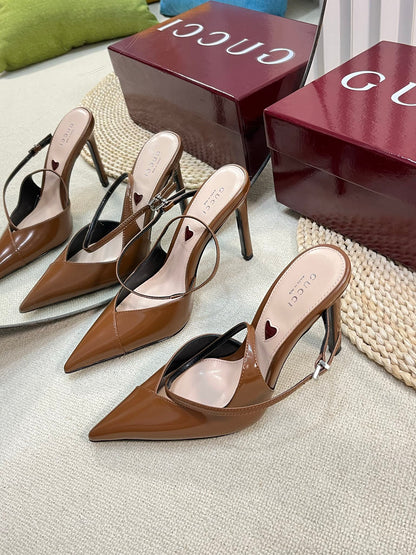 GUCCI HIGH SLINGBACK PUMP 10 CM IN BRONZE BROWN GLOSSY CALFSKIN