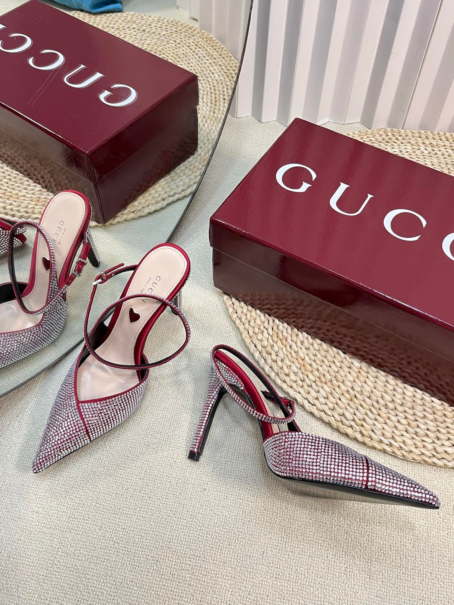GUCCI HIGH SLINGBACK 10 CM IN CHERRY RED SILK WITH FULL RHINSTONES