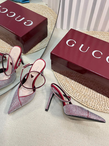 GUCCI HIGH SLINGBACK 10 CM IN CHERRY RED SILK WITH FULL RHINSTONES