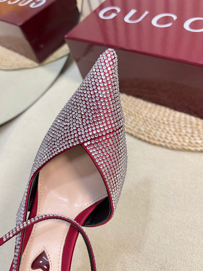 GUCCI HIGH SLINGBACK 10 CM IN CHERRY RED SILK WITH FULL RHINSTONES