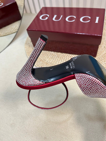 GUCCI HIGH SLINGBACK 10 CM IN CHERRY RED SILK WITH FULL RHINSTONES