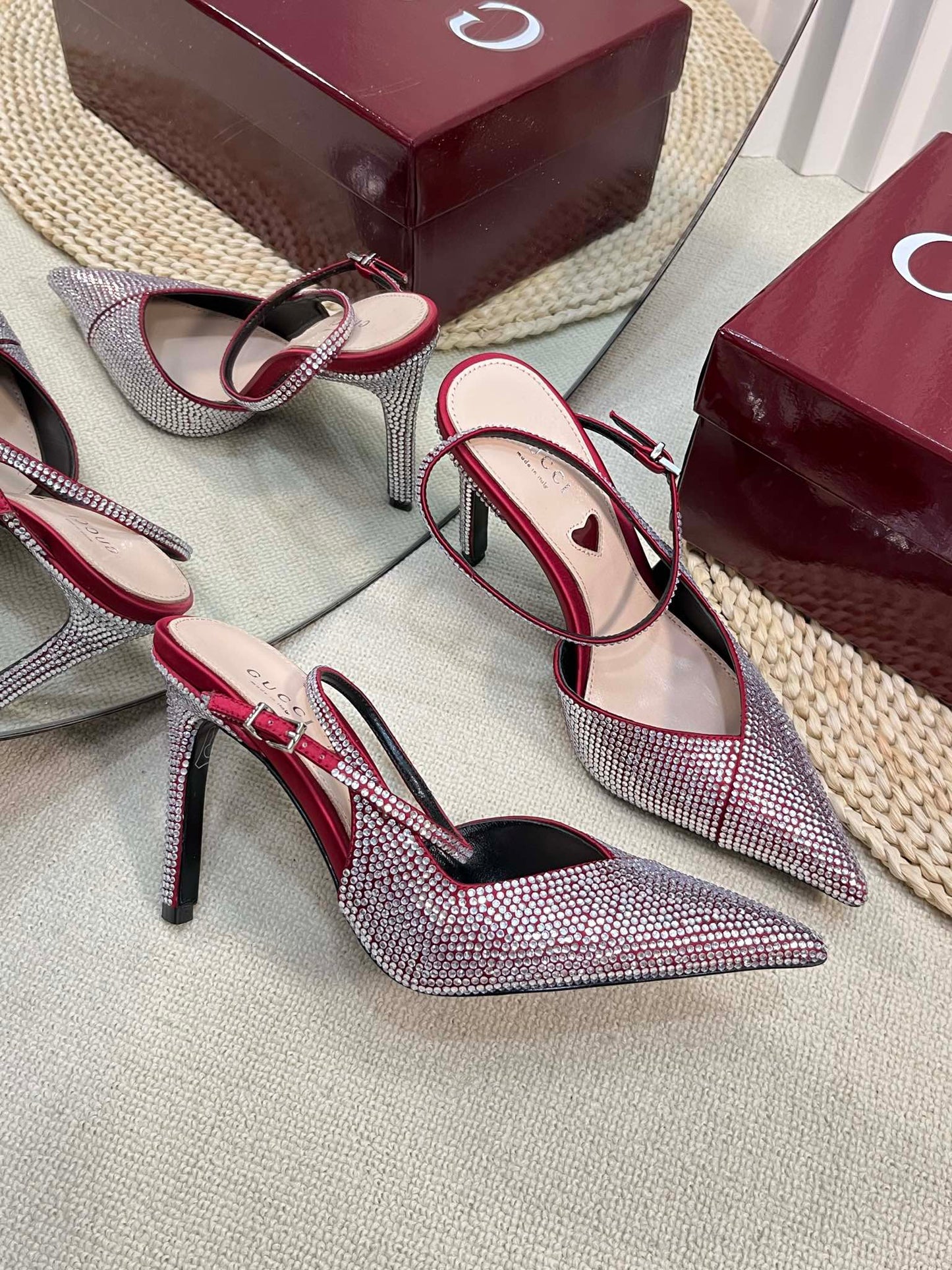 GUCCI HIGH SLINGBACK 10 CM IN CHERRY RED SILK WITH FULL RHINSTONES