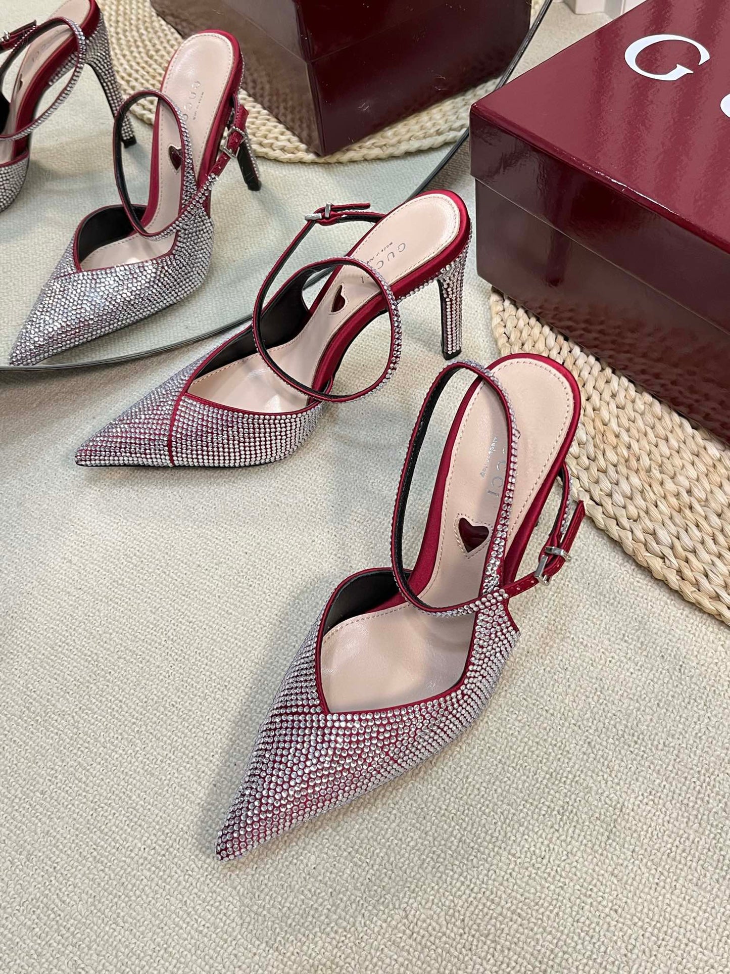 GUCCI HIGH SLINGBACK 10 CM IN CHERRY RED SILK WITH FULL RHINSTONES