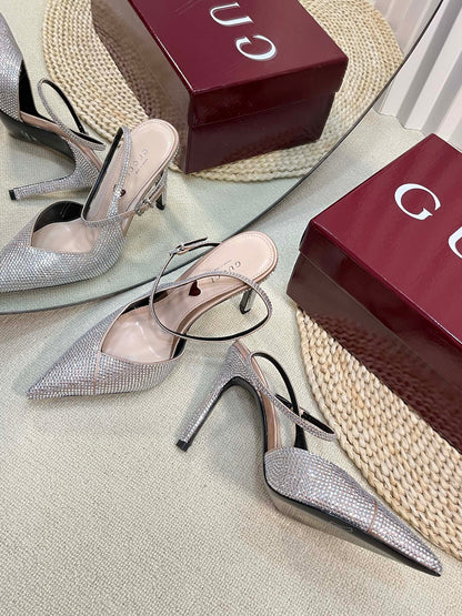 GUCCI HIGH SLINGBACK 10 CM IN BEIGE SILK WITH FULL RHINSTONES