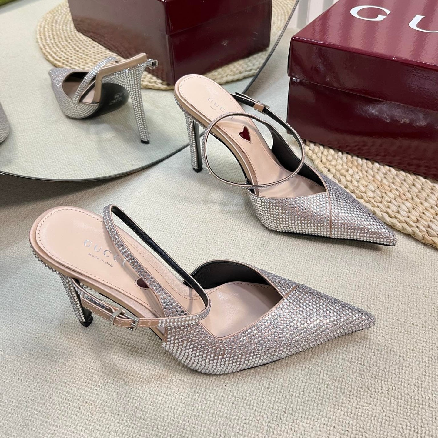 GUCCI HIGH SLINGBACK 10 CM IN BEIGE SILK WITH FULL RHINSTONES