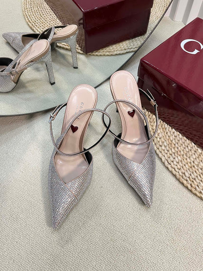 GUCCI HIGH SLINGBACK 10 CM IN BEIGE SILK WITH FULL RHINSTONES