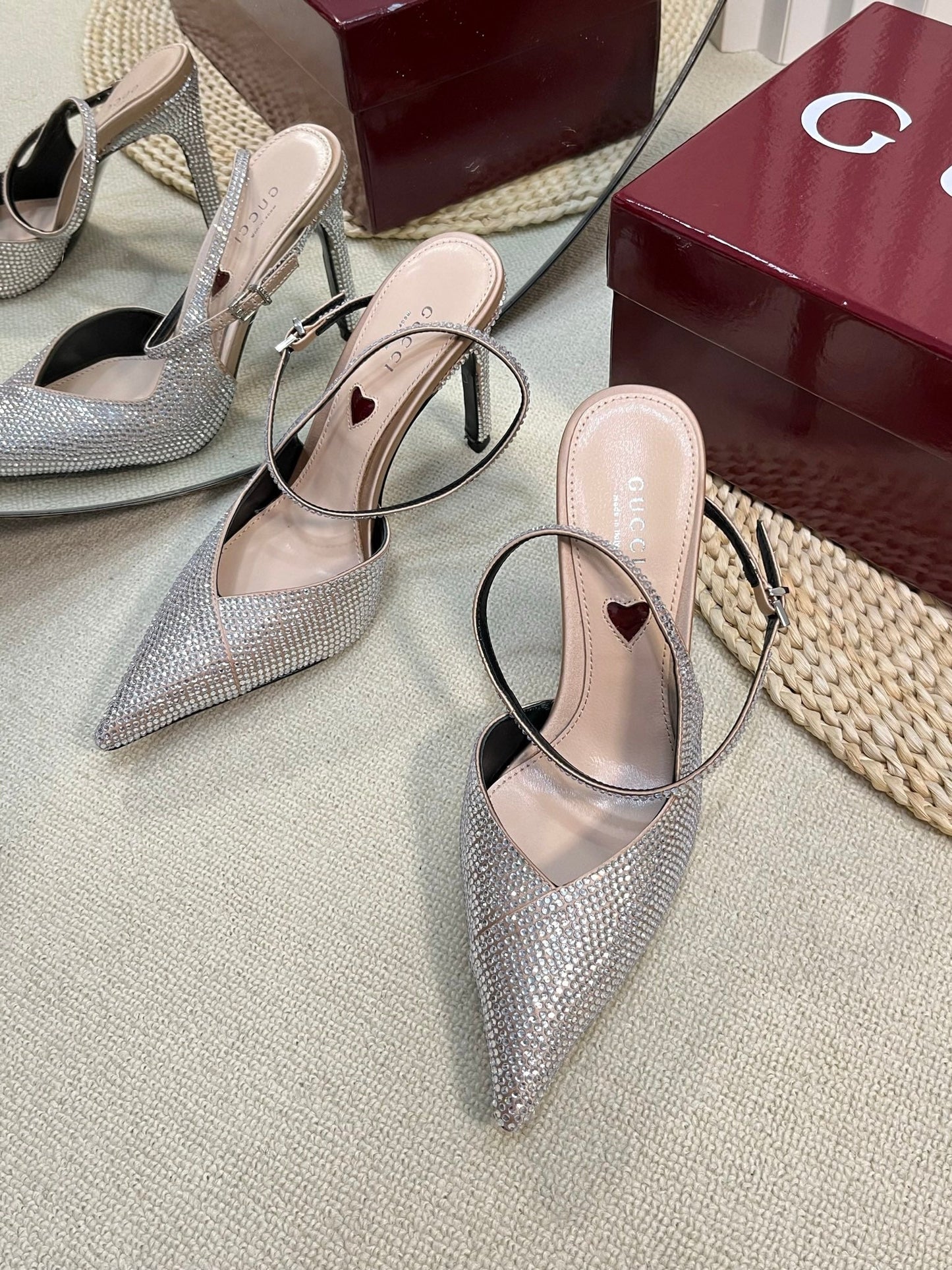 GUCCI HIGH SLINGBACK 10 CM IN BEIGE SILK WITH FULL RHINSTONES