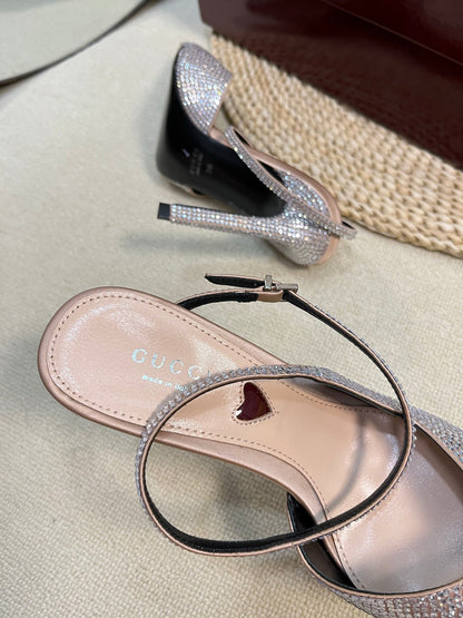 GUCCI HIGH SLINGBACK 10 CM IN BEIGE SILK WITH FULL RHINSTONES