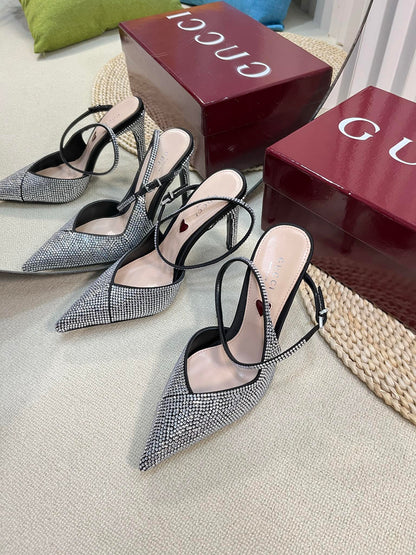 GUCCI HIGH SLINGBACK 10 CM IN BLACK SILK WITH FULL RHINSTONES