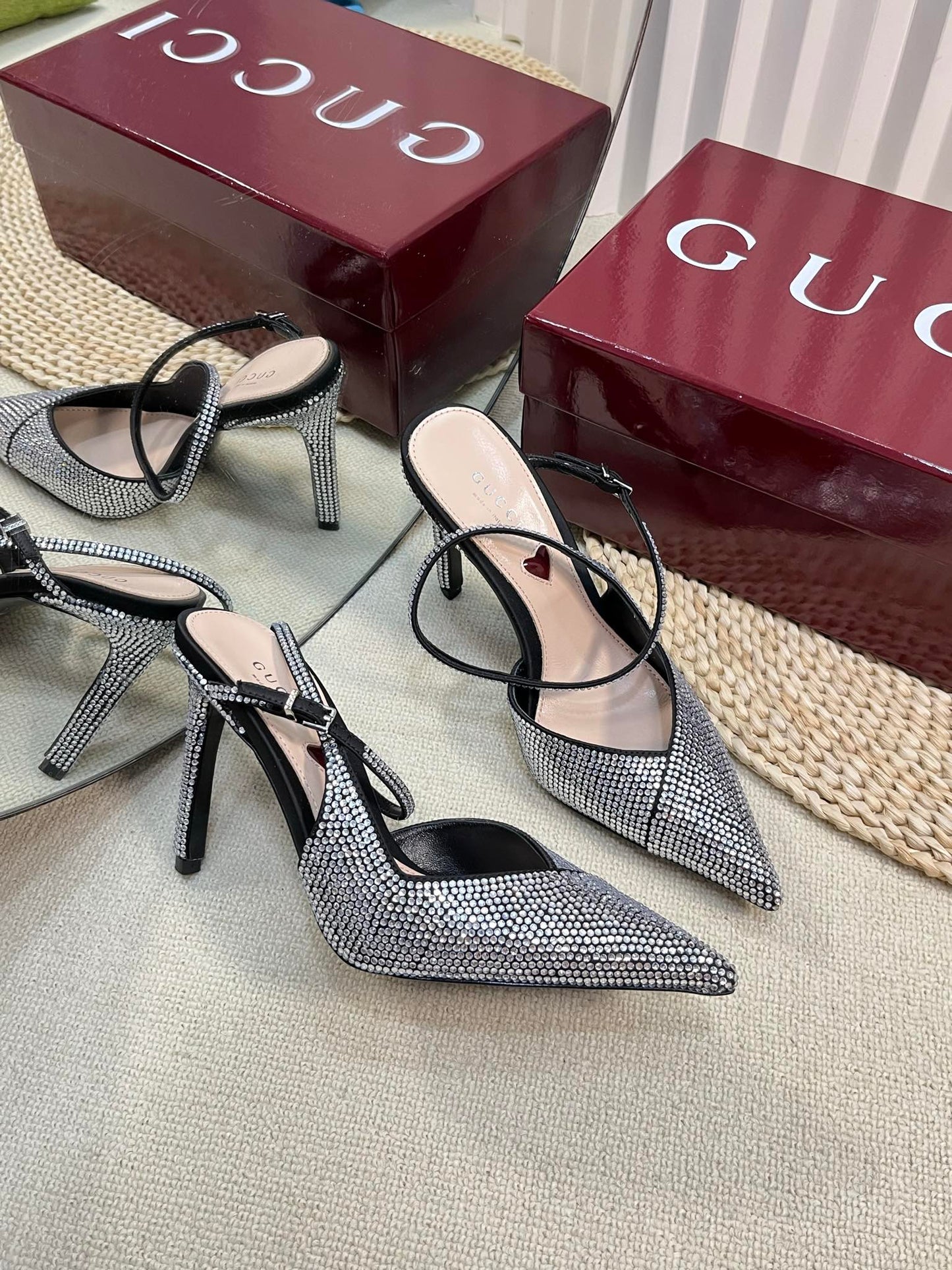 GUCCI HIGH SLINGBACK 10 CM IN BLACK SILK WITH FULL RHINSTONES