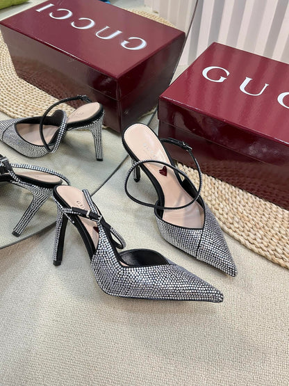 GUCCI HIGH SLINGBACK 10 CM IN BLACK SILK WITH FULL RHINSTONES