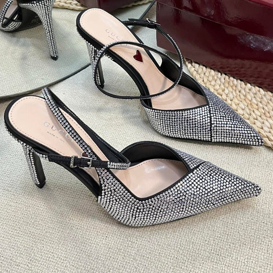 GUCCI HIGH SLINGBACK 10 CM IN BLACK SILK WITH FULL RHINSTONES