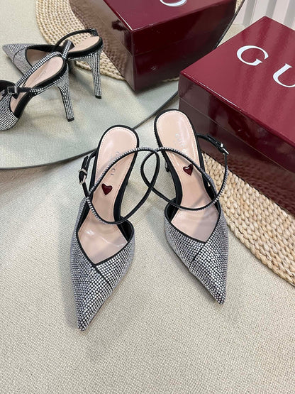 GUCCI HIGH SLINGBACK 10 CM IN BLACK SILK WITH FULL RHINSTONES