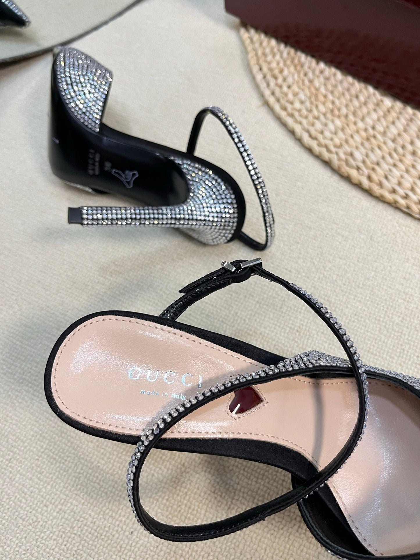 GUCCI HIGH SLINGBACK 10 CM IN BLACK SILK WITH FULL RHINSTONES