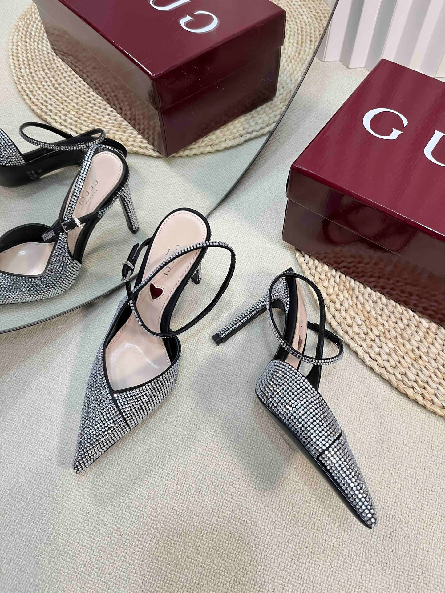 GUCCI HIGH SLINGBACK 10 CM IN BLACK SILK WITH FULL RHINSTONES