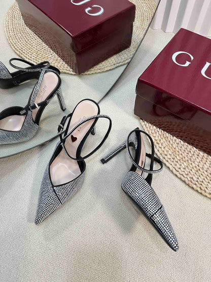 GUCCI HIGH SLINGBACK 10 CM IN BLACK SILK WITH FULL RHINSTONES