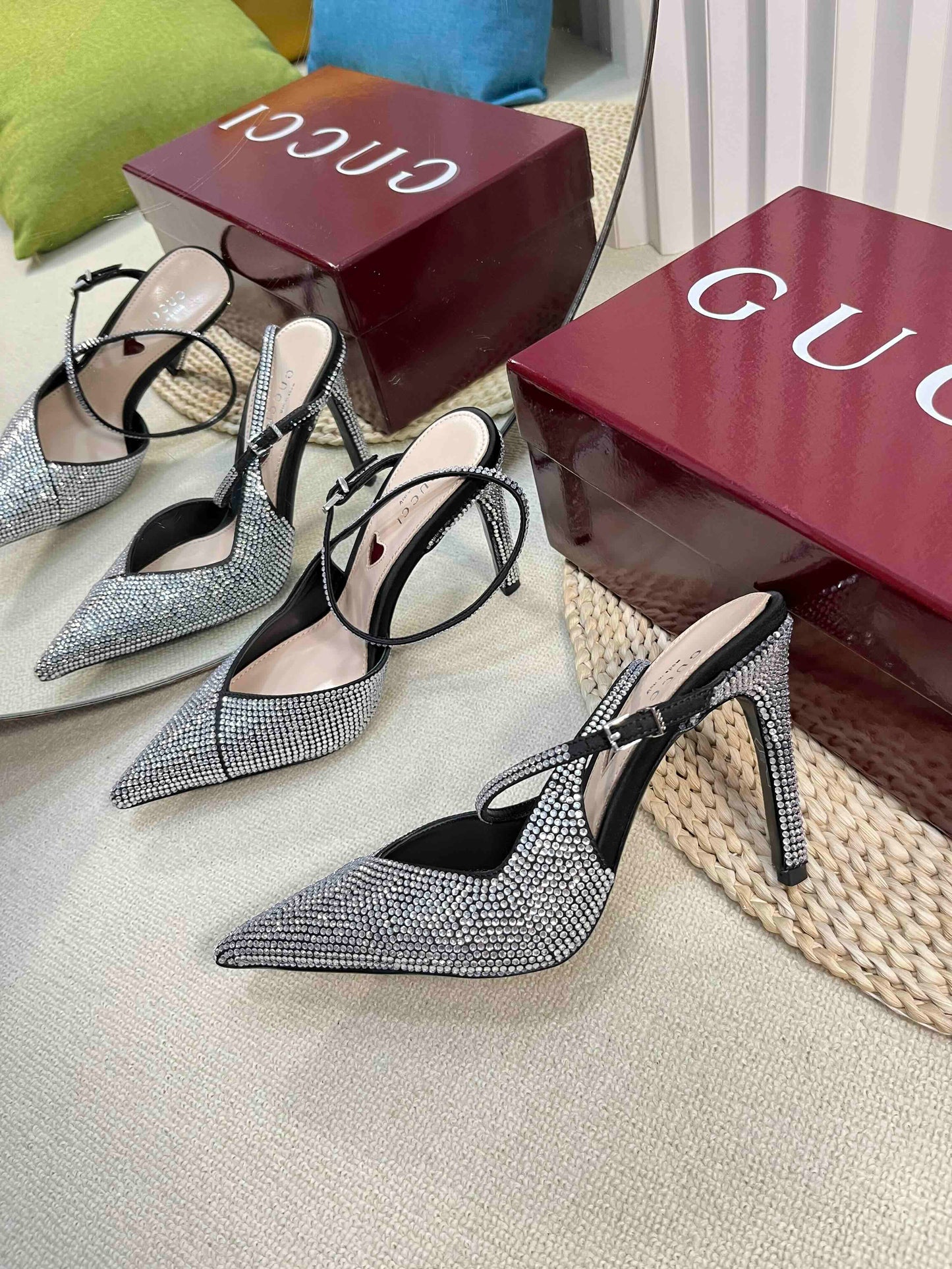 GUCCI HIGH SLINGBACK 10 CM IN BLACK SILK WITH FULL RHINSTONES