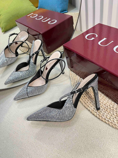 GUCCI HIGH SLINGBACK 10 CM IN BLACK SILK WITH FULL RHINSTONES
