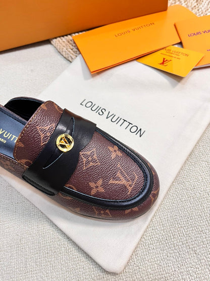 LOUIS VUITTON LV CAPRI OPEN BACK LOAFERS IN CHESTNUT BROWN MONOGRAM CALFSKIN