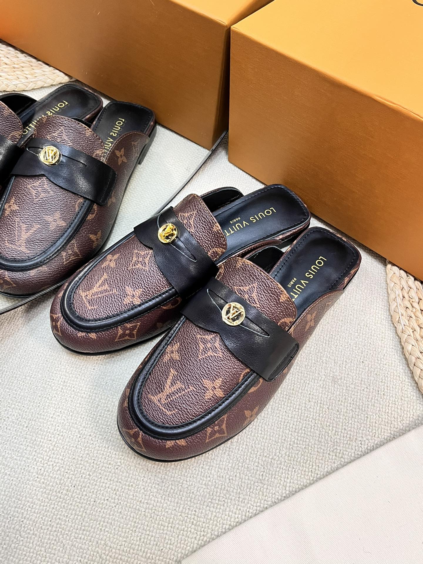 LOUIS VUITTON LV CAPRI OPEN BACK LOAFERS IN CHESTNUT BROWN MONOGRAM CALFSKIN