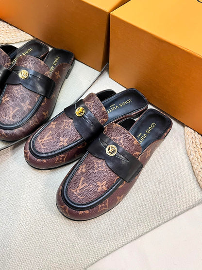 LOUIS VUITTON LV CAPRI OPEN BACK LOAFERS IN CHESTNUT BROWN MONOGRAM CALFSKIN