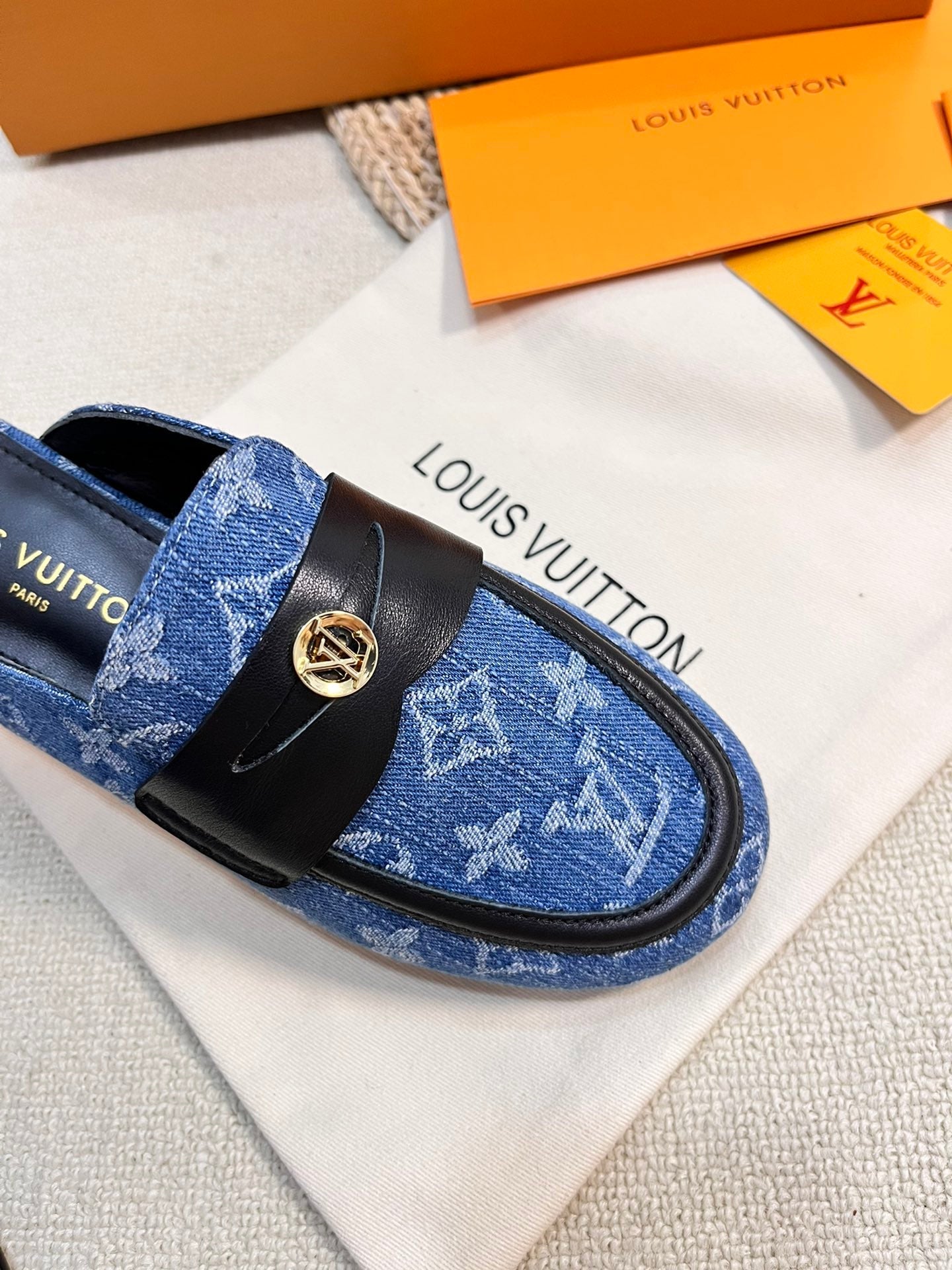 LOUIS VUITTON LV CAPRI OPEN BACK LOAFERS IN COBALT BLUE MONOGRAM DENIM