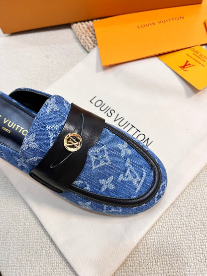 LOUIS VUITTON LV CAPRI OPEN BACK LOAFERS IN COBALT BLUE MONOGRAM DENIM